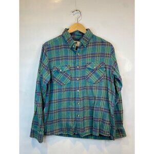 Fayettechill Green Blue Button Front Flannel Shacket Pockets Men's Medium